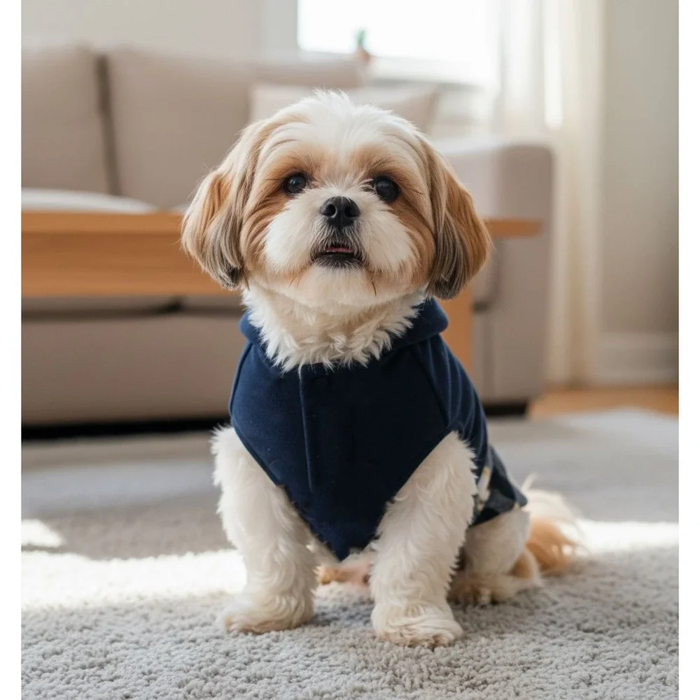 Dog Jacket Navy Blue and Plaid Pieced Style w/‎ Sherpa Lining andToggles Size S